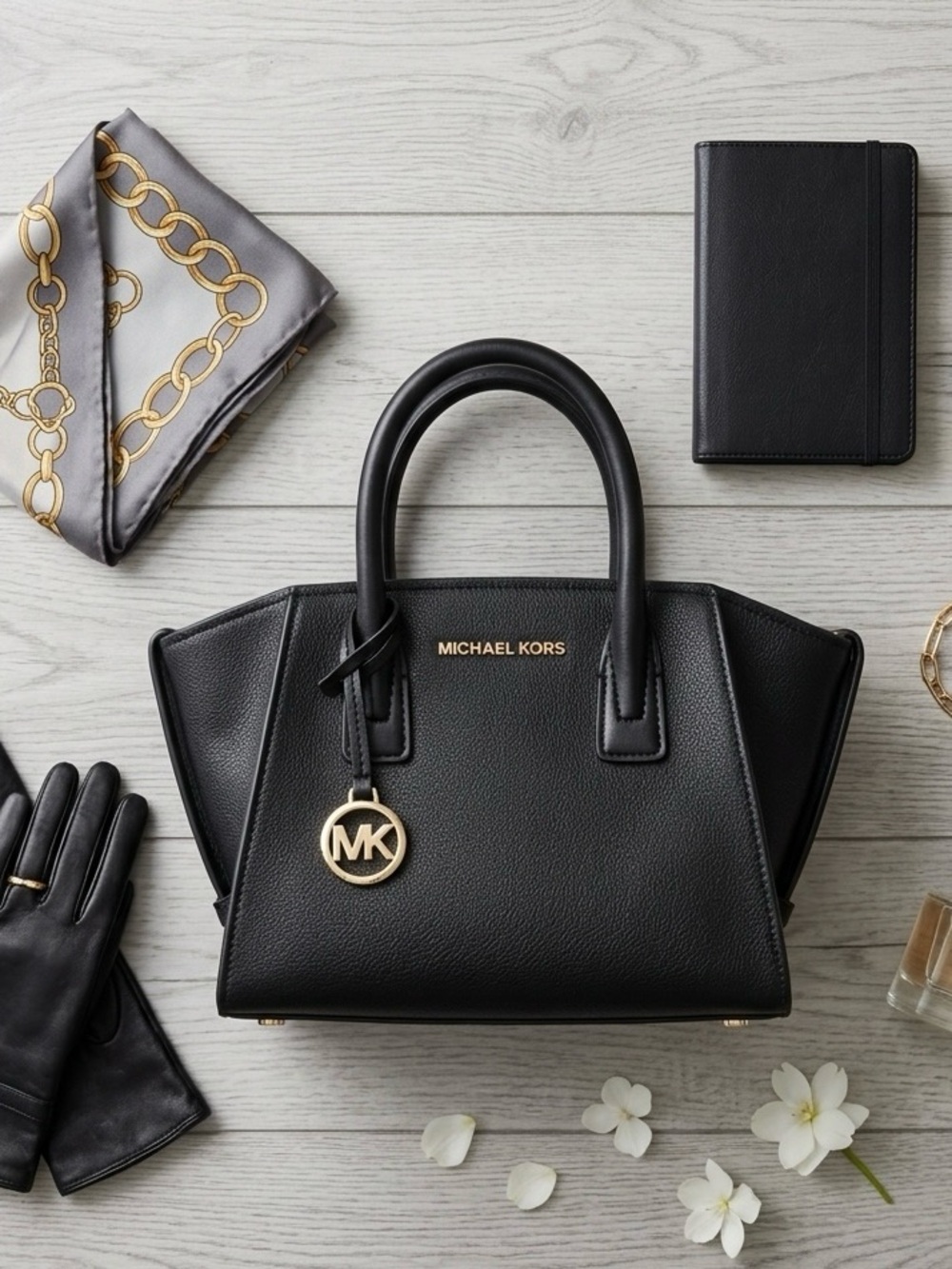 Michael Kors Black Leather Satchel with Gold Logo Charm